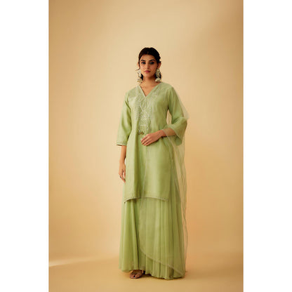 1999AD Green Chanderi Silver Zari Embroidery Kurti with Sharara and Dupatta (Set of 3)