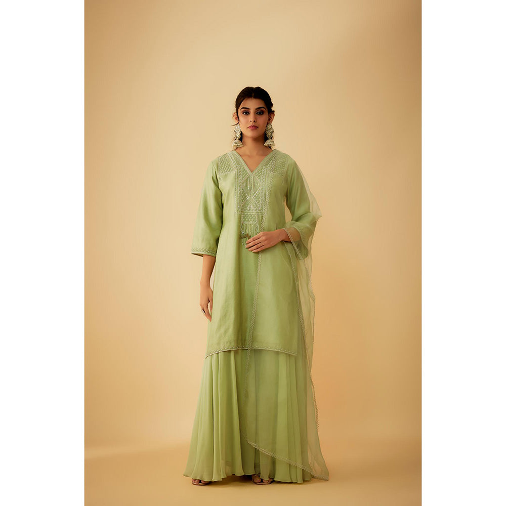 1999AD Green Chanderi Silver Zari Embroidery Kurti with Sharara and Dupatta (Set of 3)