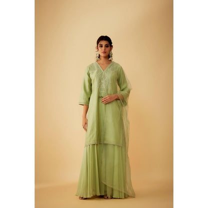 1999AD Green Chanderi Silver Zari Embroidery Kurti with Sharara and Dupatta (Set of 3)