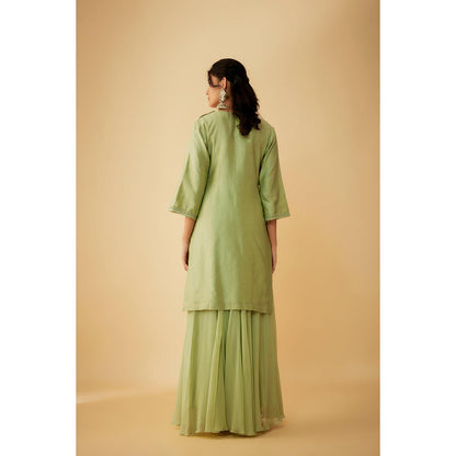 1999AD Green Chanderi Silver Zari Embroidery Kurti with Sharara and Dupatta (Set of 3)