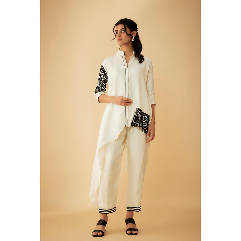 1999AD White Chanderi Tribal Embroidery Kurti with Pant (Set of 2)