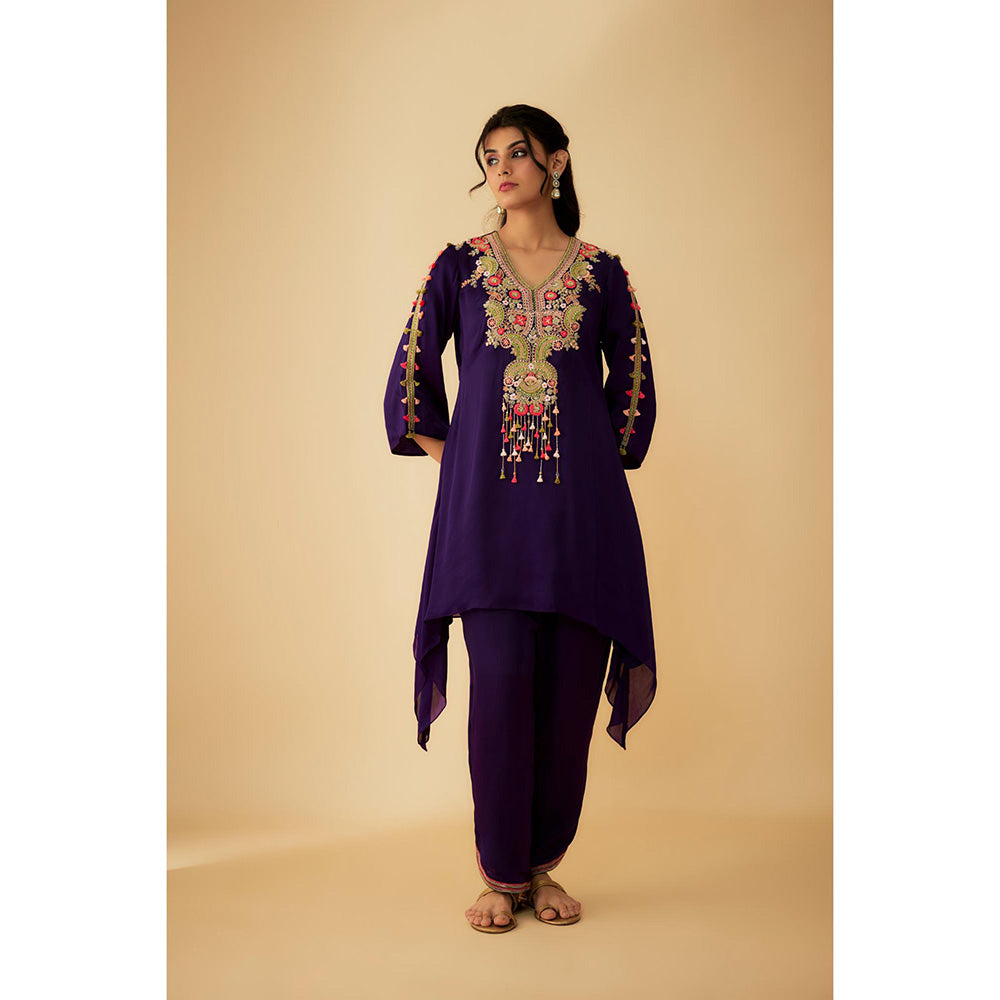 1999AD Purple Organza Colourful Thread Embroidery Asymmetrical Kurti with Pant (Set of 2)