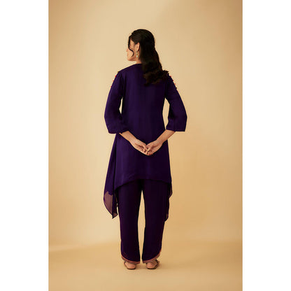 1999AD Purple Organza Colourful Thread Embroidery Asymmetrical Kurti with Pant (Set of 2)