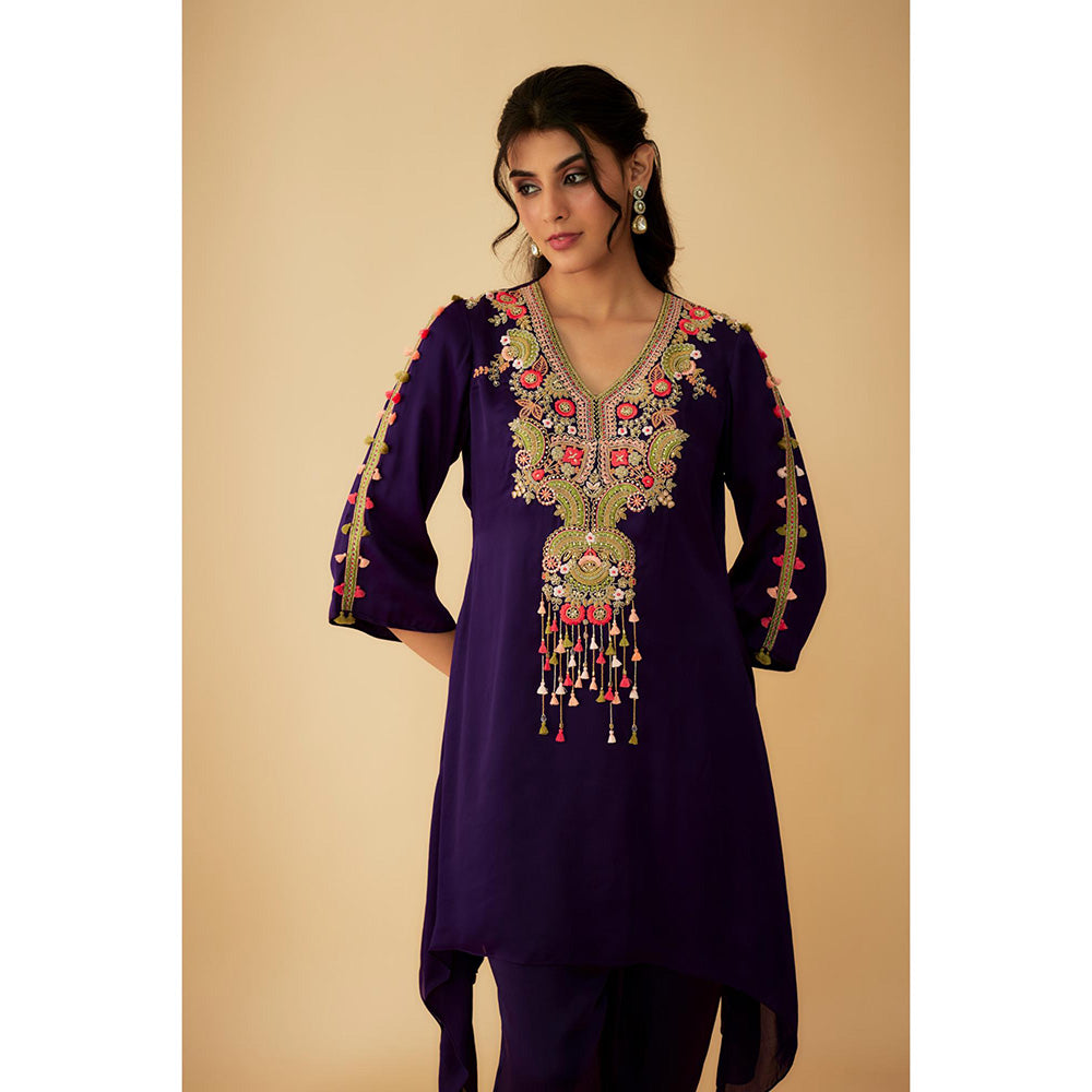 1999AD Purple Organza Colourful Thread Embroidery Asymmetrical Kurti with Pant (Set of 2)