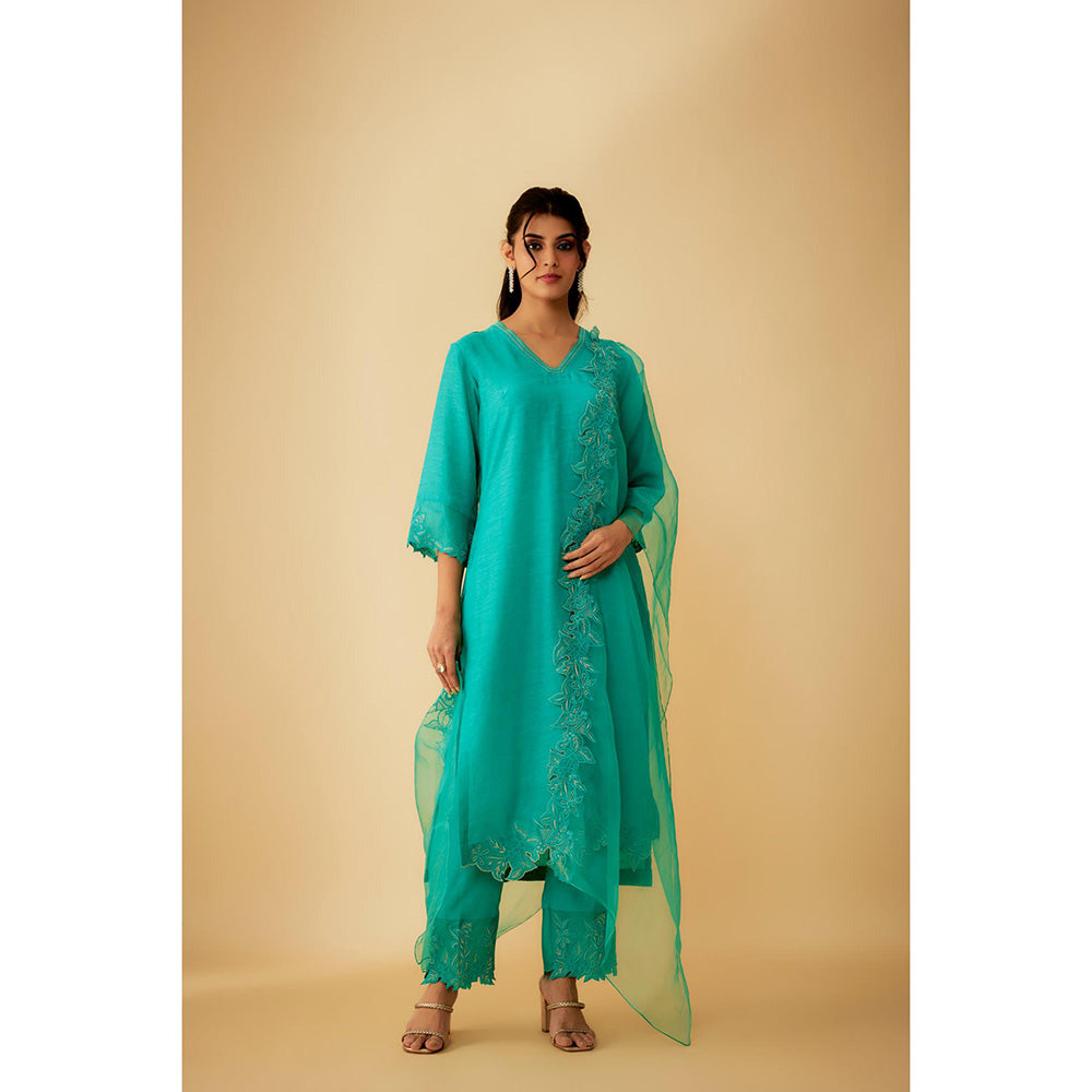 1999AD Green Linen Silk Applique Embroidery Kurta with Pant and Dupatta (Set of 3)