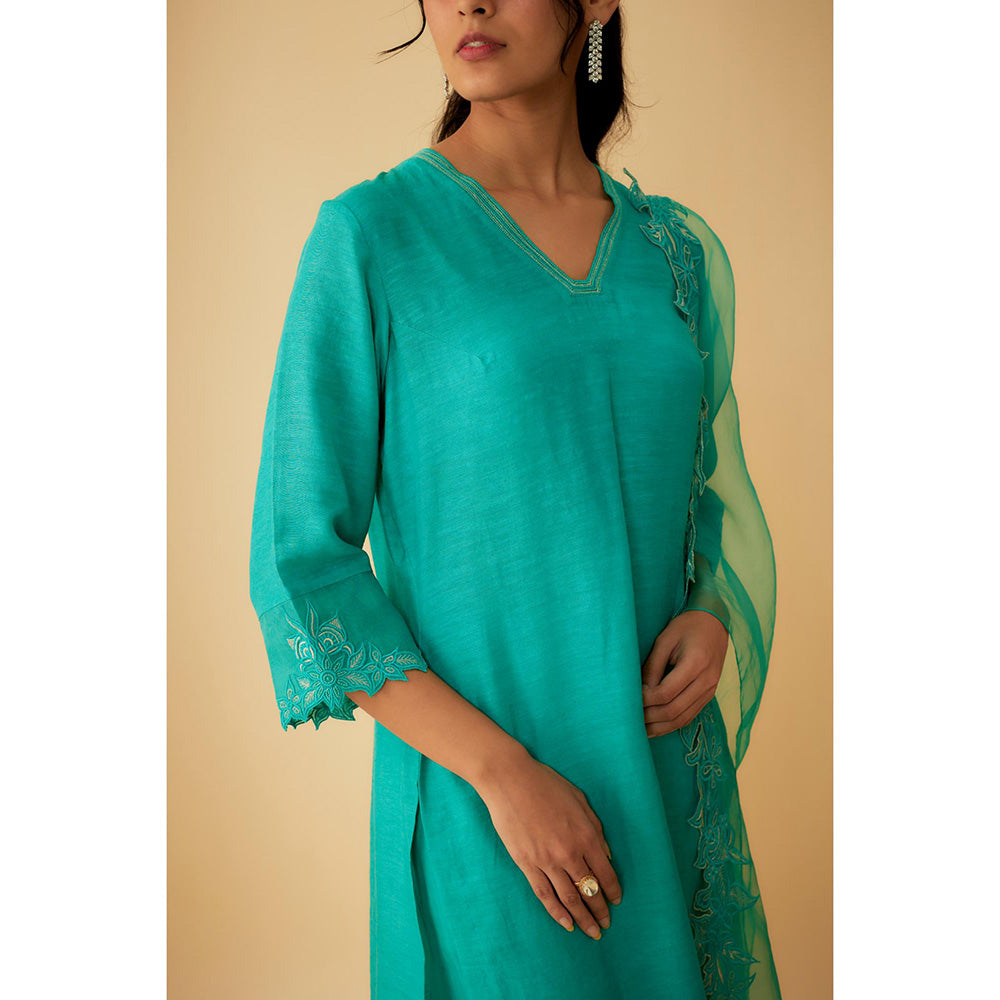 1999AD Green Linen Silk Applique Embroidery Kurta with Pant and Dupatta (Set of 3)
