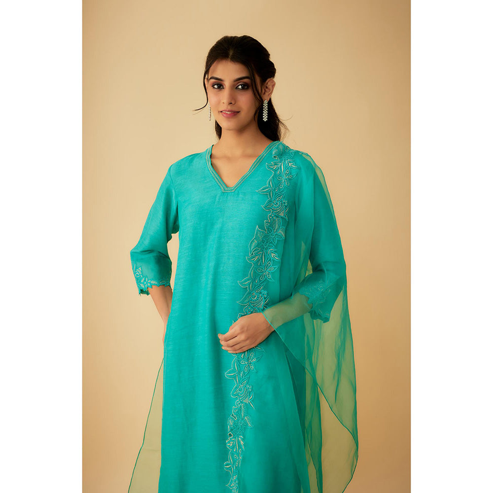 1999AD Green Linen Silk Applique Embroidery Kurta with Pant and Dupatta (Set of 3)