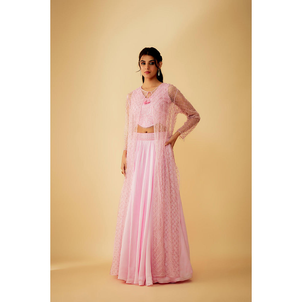 1999AD Onion Pink Jacket with Embroidered Stitched Blouse and Lehenga (Set of 3)