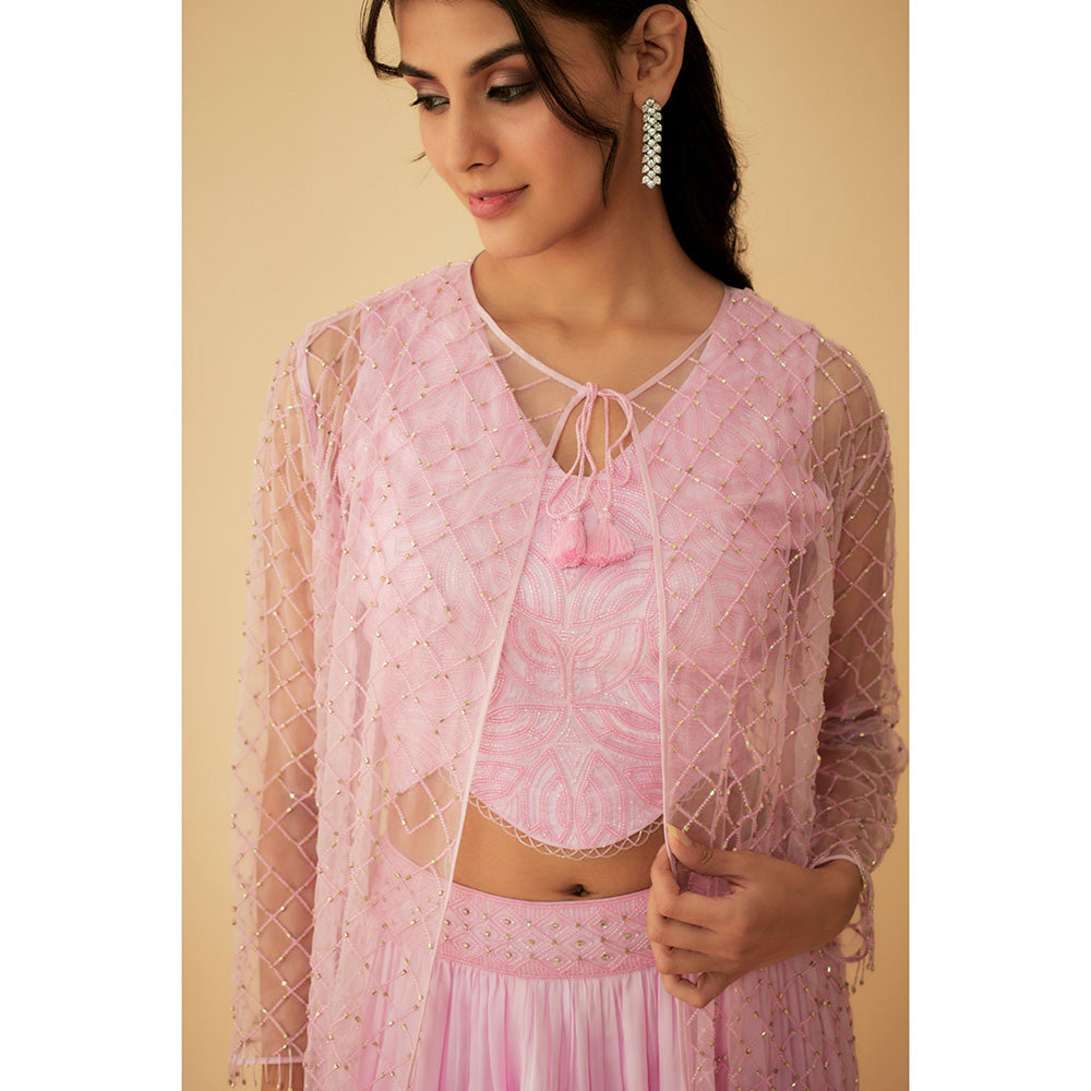 1999AD Onion Pink Jacket with Embroidered Stitched Blouse and Lehenga (Set of 3)