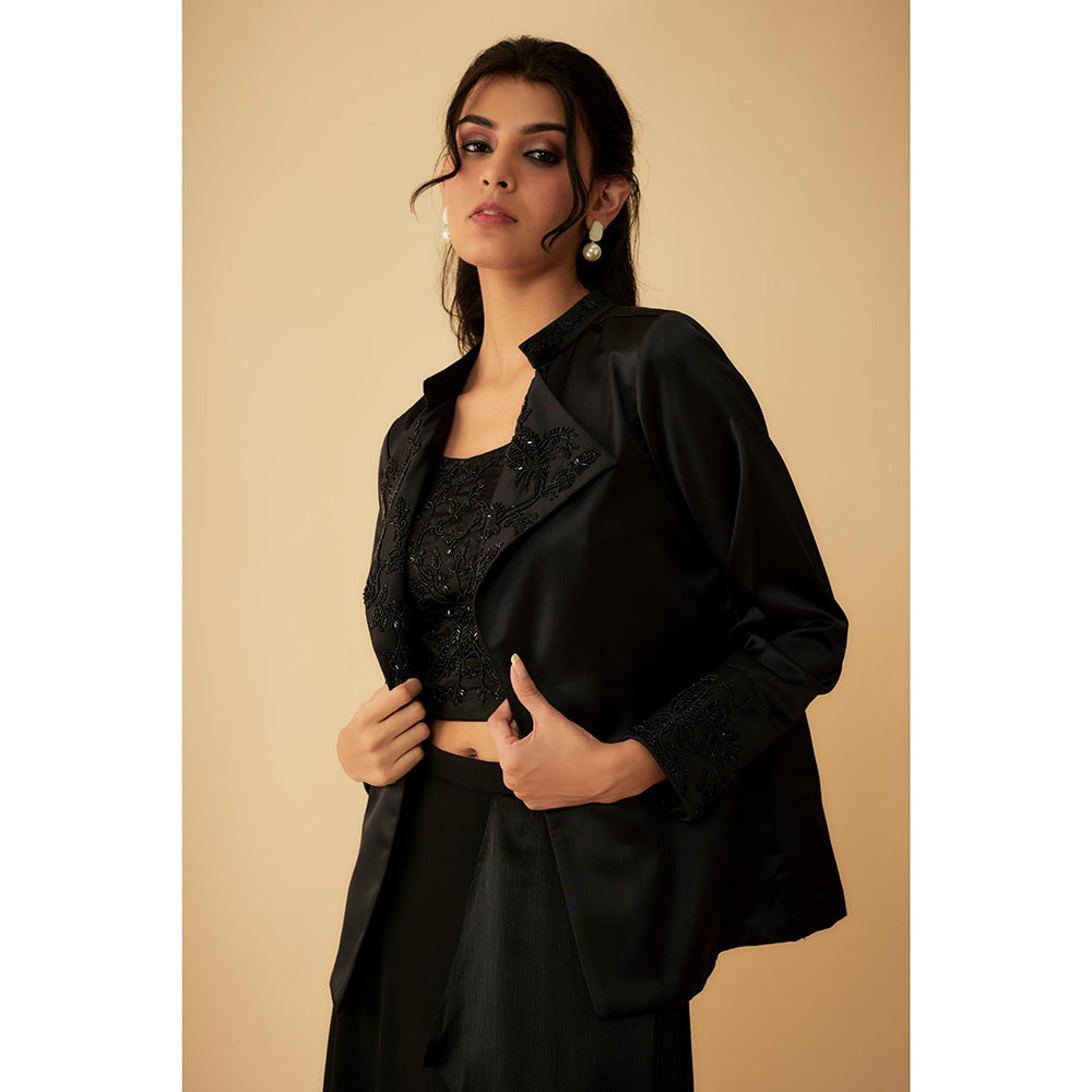 1999AD Black Embroidered Jacket With Stitched Blouse And A Drape Lehenga (Set of 3)