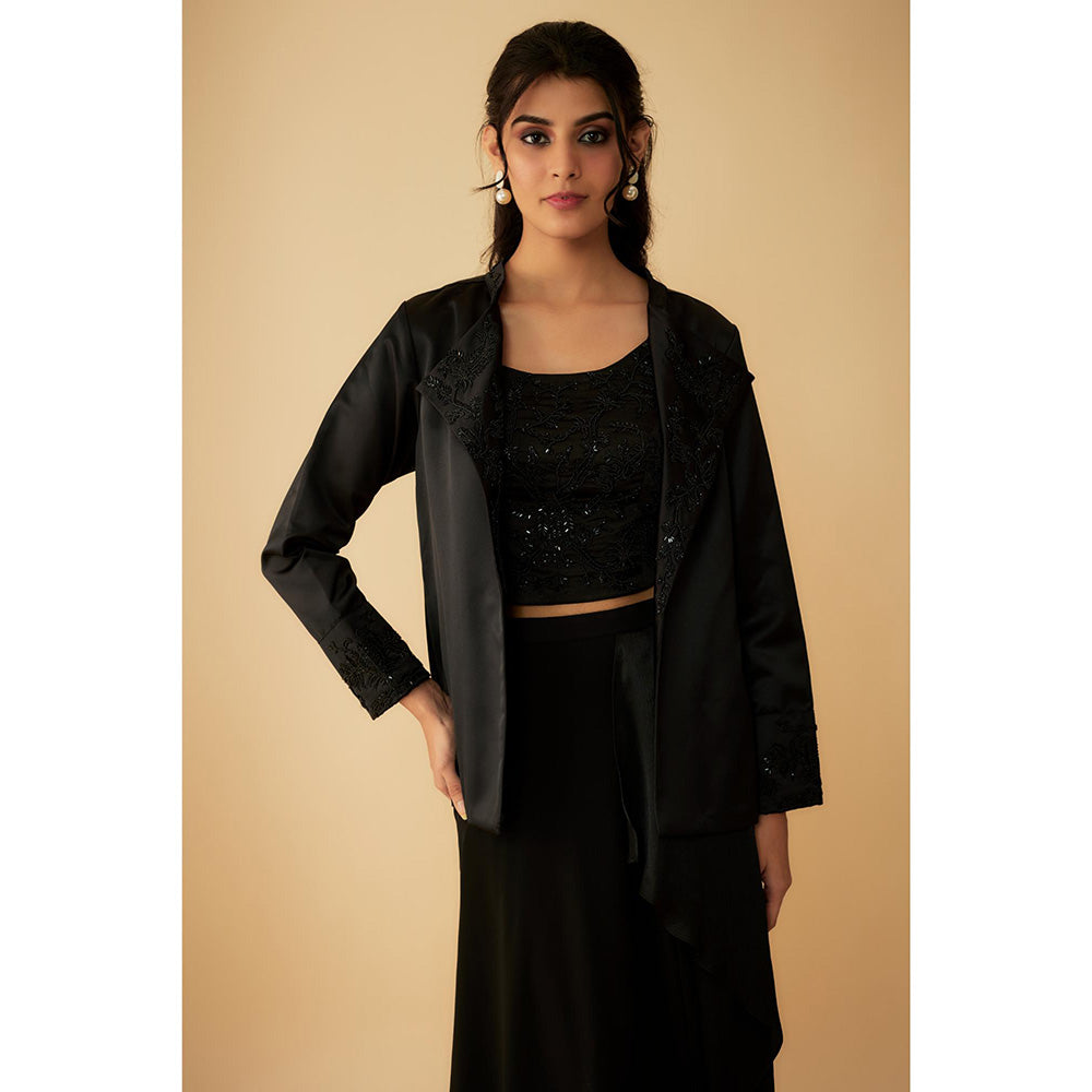 1999AD Black Embroidered Jacket With Stitched Blouse And A Drape Lehenga (Set of 3)