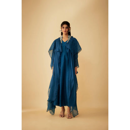 1999AD Teal Organza Textured Detailing And Embroidery Gown with Jacket (Set of 2)