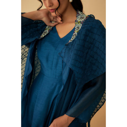 1999AD Teal Organza Textured Detailing And Embroidery Gown with Jacket (Set of 2)