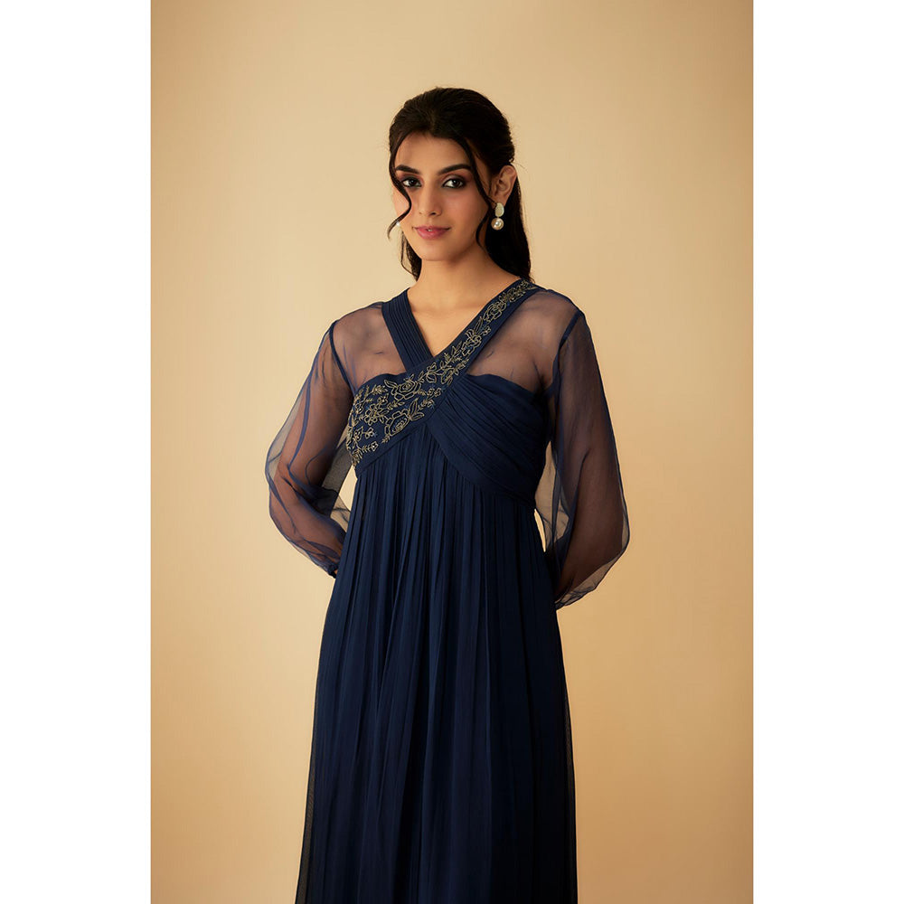 1999AD Navy Blue Georgette Embroidery On Collar Gown