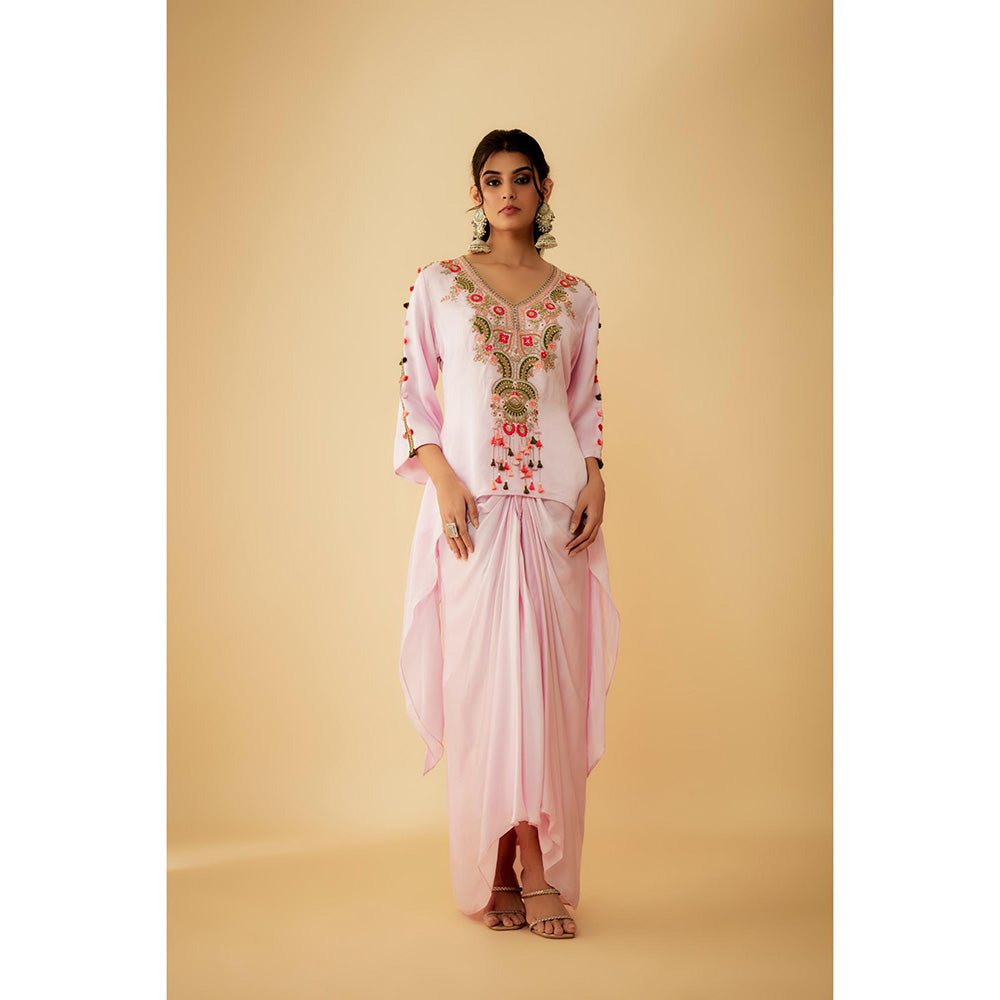 1999AD Onion Pink Organza Short Thread Embroidery Kurta With Drape Skirt (Set of 2)