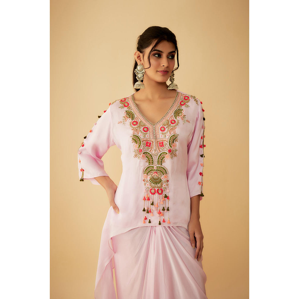 1999AD Onion Pink Organza Short Thread Embroidery Kurta With Drape Skirt (Set of 2)