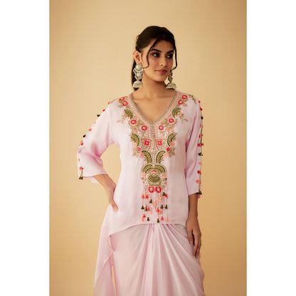 1999AD Onion Pink Organza Short Thread Embroidery Kurta With Drape Skirt (Set of 2)