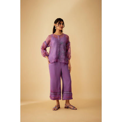 1999AD Lavender Organza Applique Green Kat dana Embroidery Co-Ord (Set of 3)