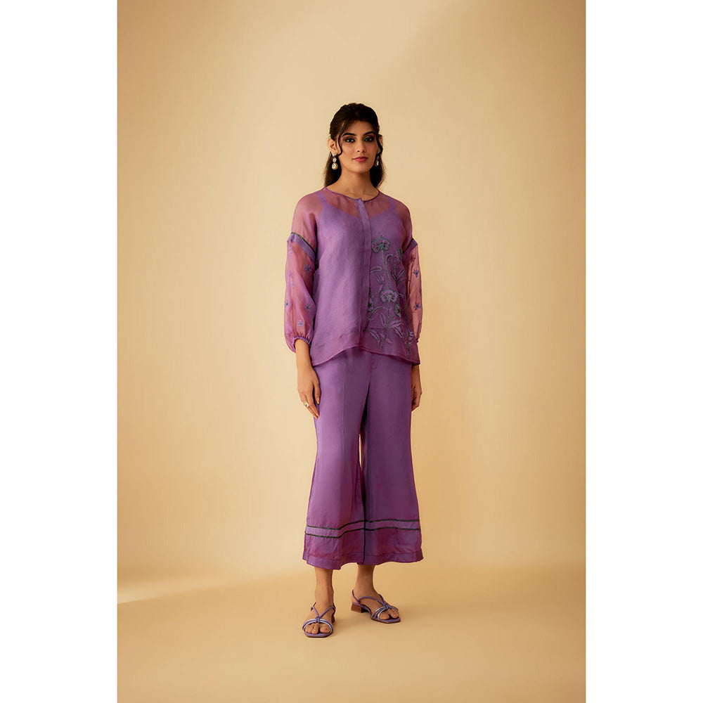 1999AD Lavender Organza Applique Green Kat dana Embroidery Co-Ord (Set of 3)
