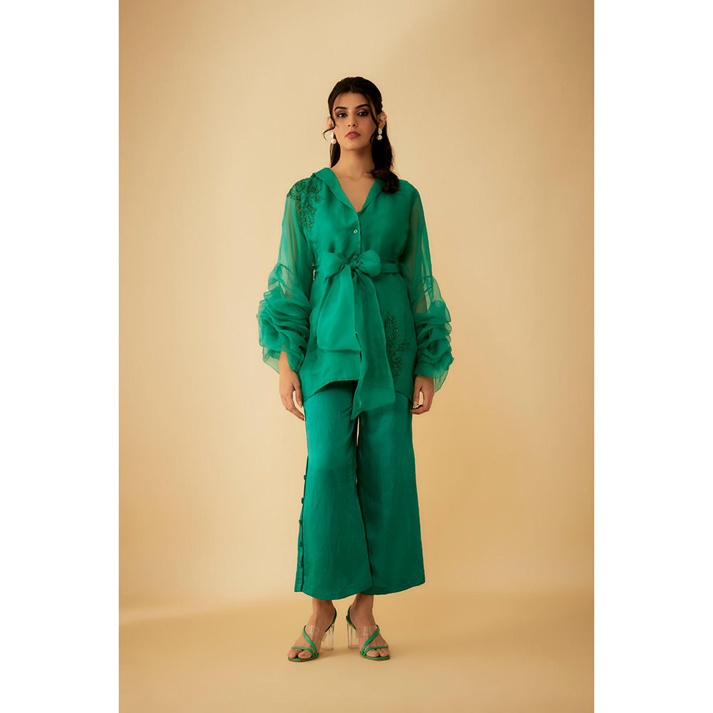 1999AD Green Organza Embroidery Teemed Co-Ord (Set of 4)