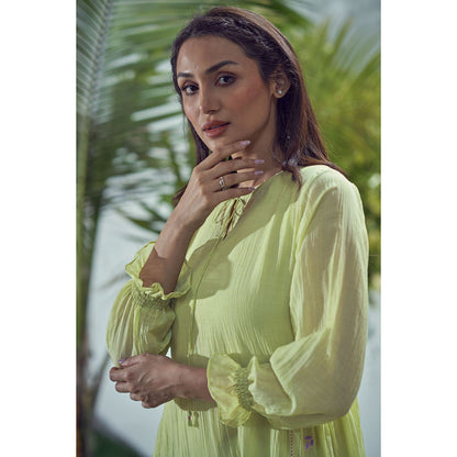 AFFROZ Baarik Lime Green Midi Dress (Set of 2)