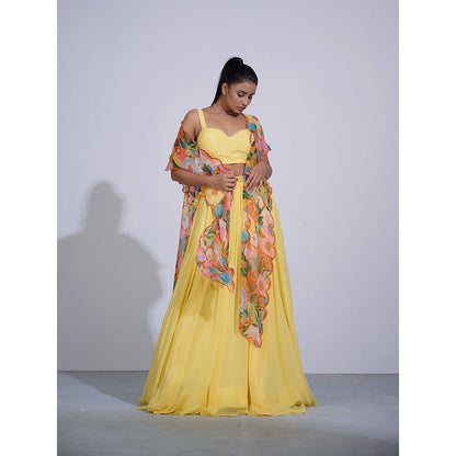 AFFROZ Gul Yellow Lehenga and Crop Top with Cape (Set of 3)