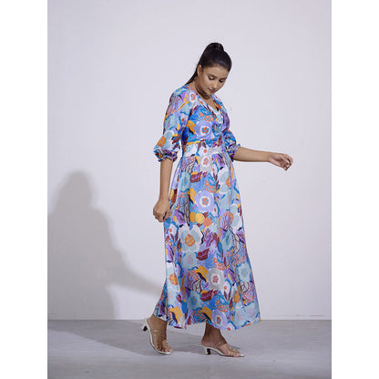 AFFROZ Gul Blue Floral Printed Dress