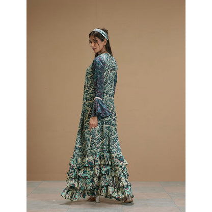 AFFROZ Taabir Green Color Printed Ruffled Maxi Dress