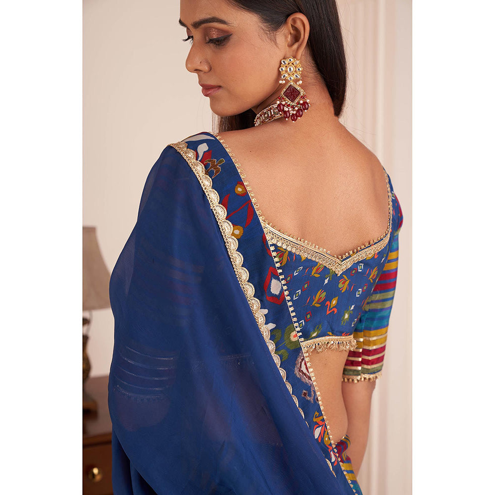 AFFROZ Blue Striped Lehenga with Embellished Blouse and Dupatta (Set of 3)
