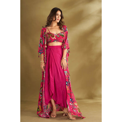 AFFROZ Pink Drape Skirt With Blouse And Jacket (Set of 3)