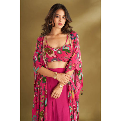 AFFROZ Pink Drape Skirt With Blouse And Jacket (Set of 3)