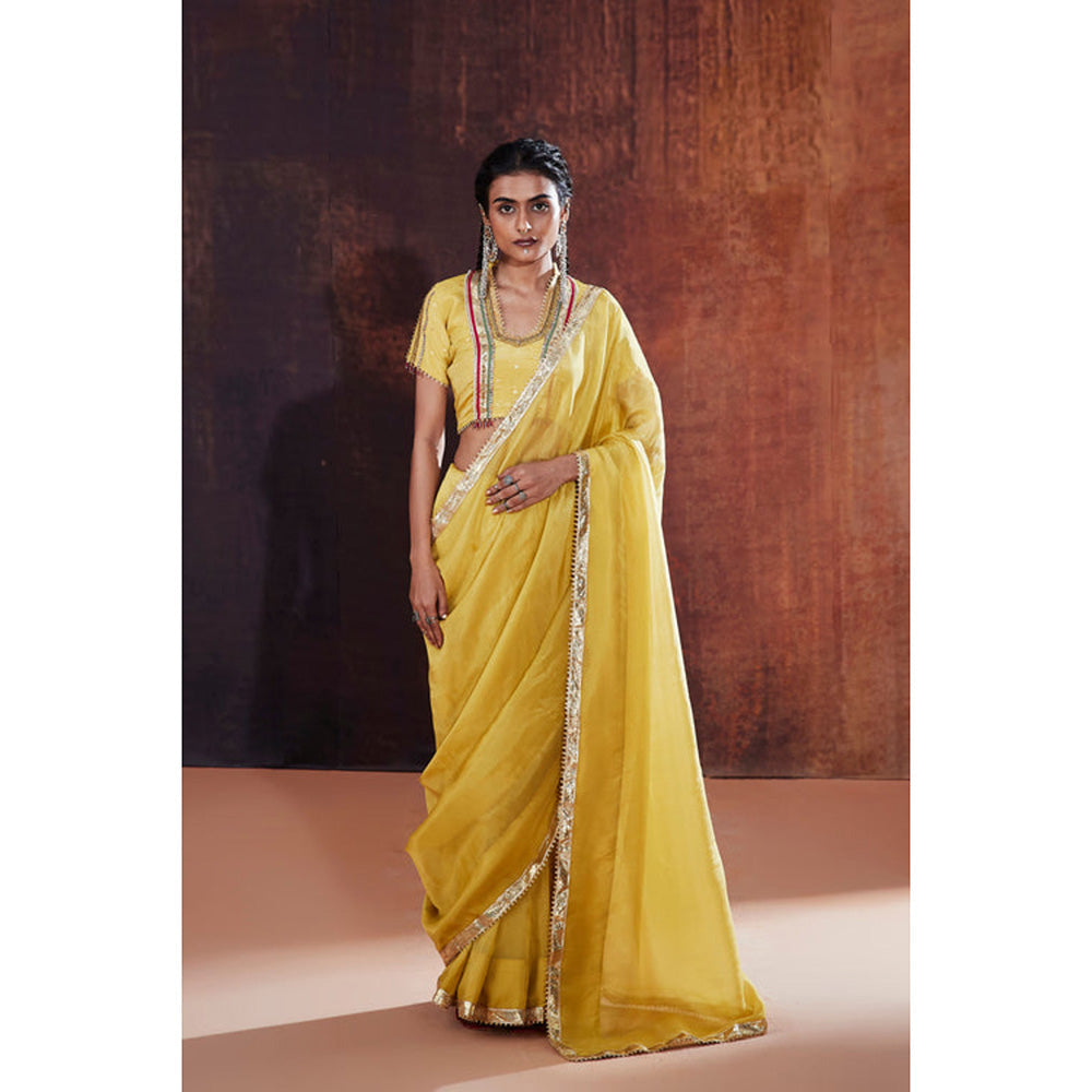 AFFROZ Yellow Tissue Saree with Stitched Blouse