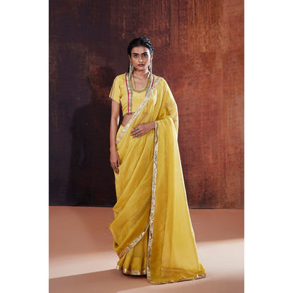 AFFROZ Yellow Tissue Saree with Stitched Blouse