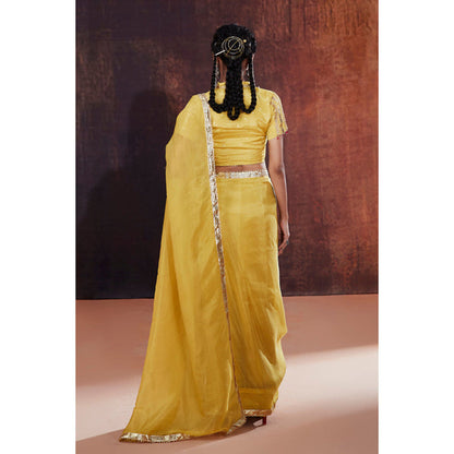 AFFROZ Yellow Tissue Saree with Stitched Blouse