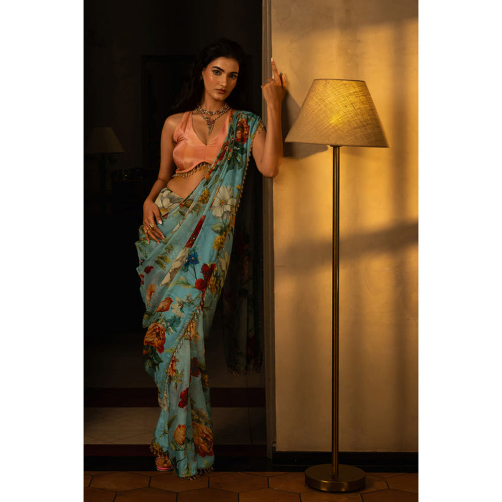 AFFROZ Powder Blue Floral Print Pre Drape Saree with Stitched Blouse