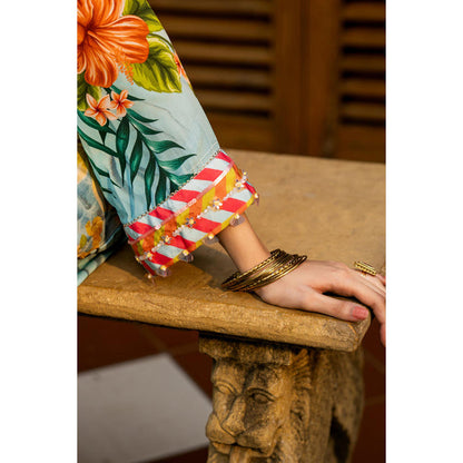AFFROZ Tropical Blue Floral Printed With Embellished Maxi Dress