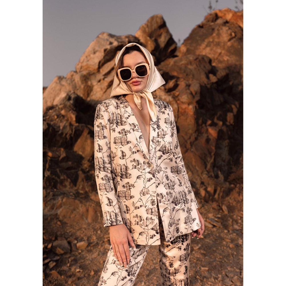 AFRIYA Beige Floral Reverie Long Blazer and Trouser Co-Ord
