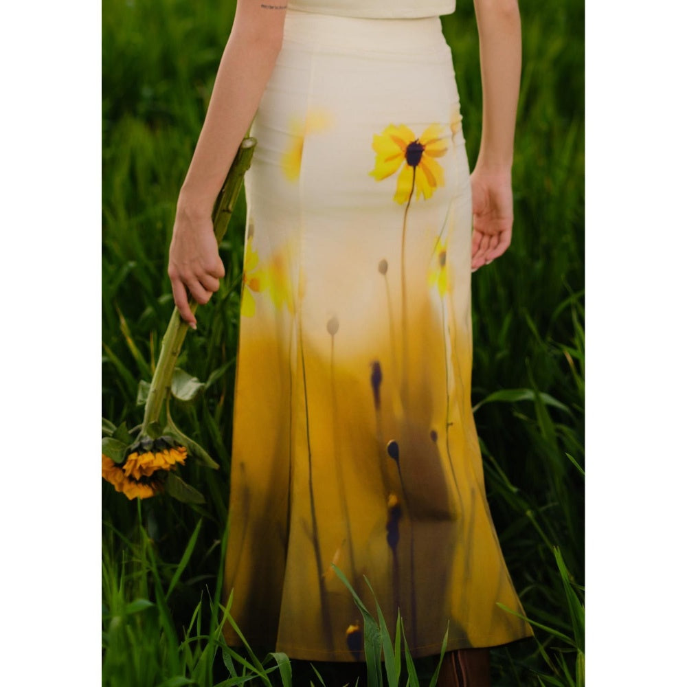 AFRIYA Yellow Meadow Cotton Printed Midi Skirt