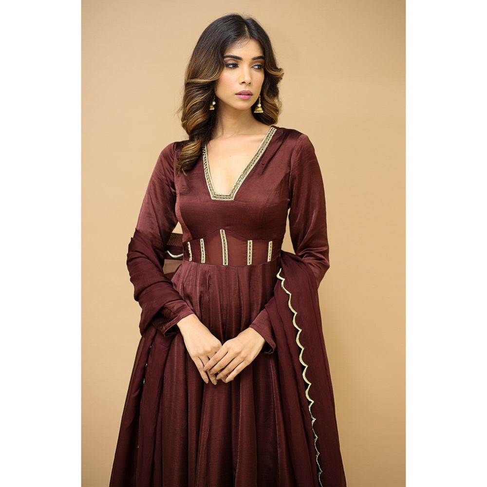 Ahi Clothing Brown Anarkali Satin Suit (Set of 3)