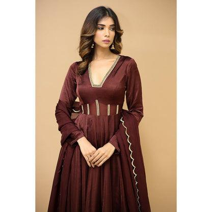 Ahi Clothing Brown Anarkali Satin Suit (Set of 3)