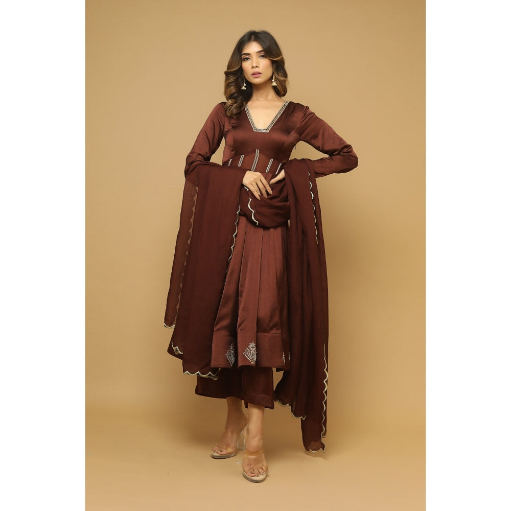 Ahi Clothing Brown Anarkali Satin Suit (Set of 3)