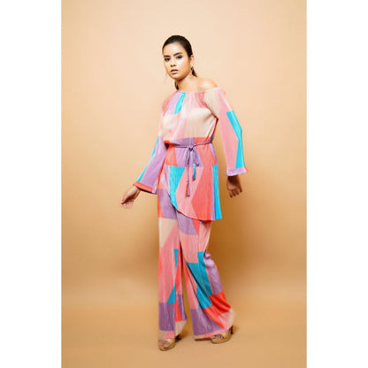 Ahi Clothing Multicolour Crushed Co-Ord with Belt (Set of 3)