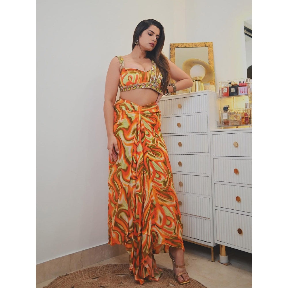 AHI Clothing Orange Multicolor Abstract Drape Skirt with Bustier (Set of 2)