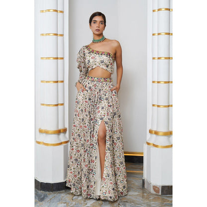 AHI Clothing Cream Floral One Shoulder Lehenga with Blouse (Set of 2)