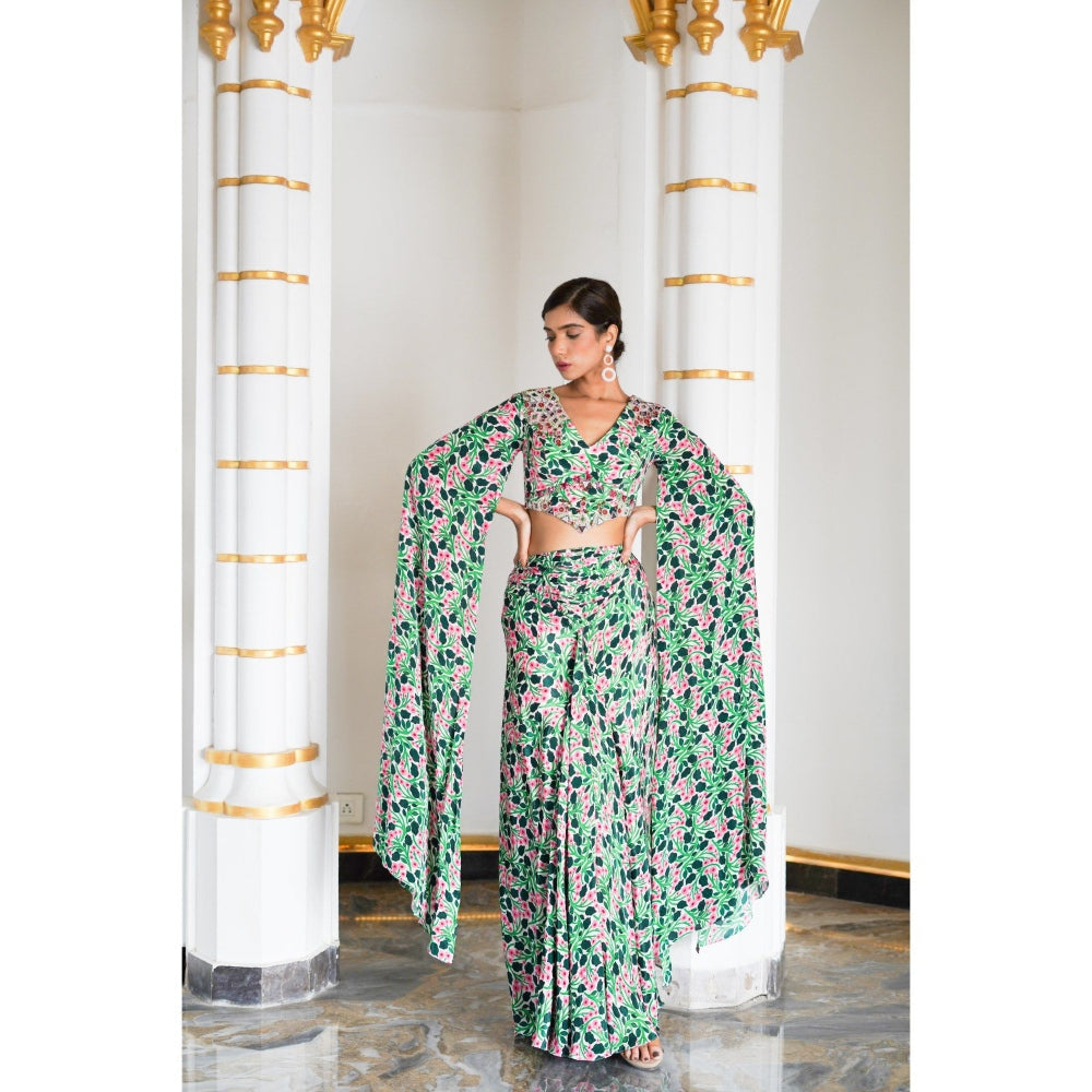 AHI Clothing Green Pink Floral Cape Sleeve Indo Skirt with Top (Set of 2)