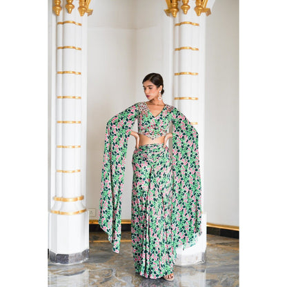 AHI Clothing Green Pink Floral Cape Sleeve Indo Skirt with Top (Set of 2)