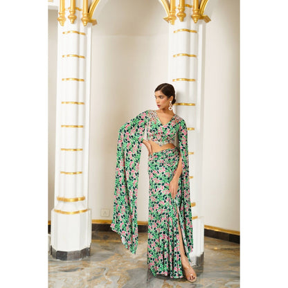 AHI Clothing Green Pink Floral Cape Sleeve Indo Skirt with Top (Set of 2)