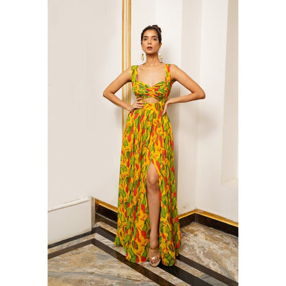 AHI Clothing Multicolor Ginger Flower Long Indo Lehenga with Bustier (Set of 2)