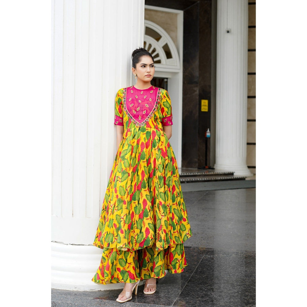 AHI Clothing Multicolor Ginger Flower Yoke Anarkali with Bustier Pant and Dupatta (Set of 4)