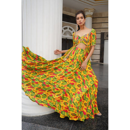 AHI Clothing Multicolor Ginger Flower Peplum Top with Lehenga (Set of 2)